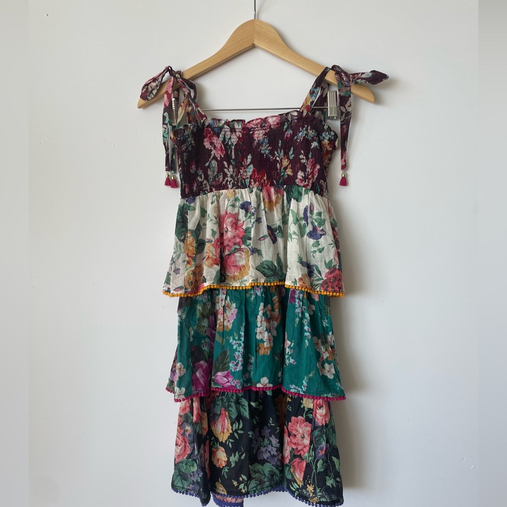Zimmermann kids dress floral layered with tassels and gold beads